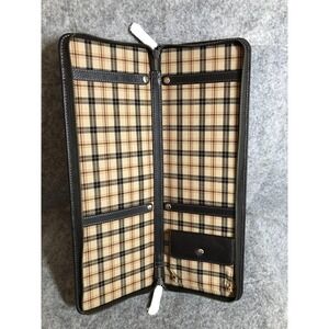Levenger Brown Leather Zip Travel Wallet Organizer Plaid Bomber Jacket Case